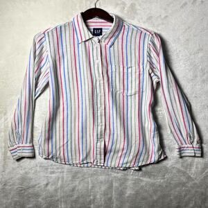 Gap Spring Linen Button Up Women's M Pastel Striped Natural Airy Coastal Preppy